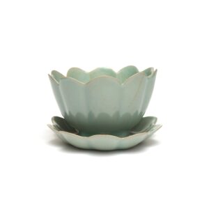 Celadon-glazed bowl and saucer set from Korea’s Goryeo dynasty; selected by Byron Kim for its translucent green tone and lotus-shaped form.