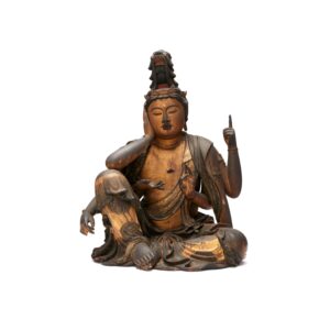 Japanese wooden sculpture of bodhisattva Avalokiteshvara (Nyoirin Kannon), with pigment and gold leaf; linked by Pindell to themes of serenity and ritual.