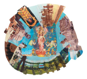 Collage by Howardena Pindell featuring a postcard image of Hindu goddess Lakshmi, layered with visuals from India’s urban and rural landscapes.
