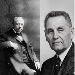 Jacques-David LeCoultre and Edmond Jaeger meeting in 1903, a partnership that later led to the creation of Jaeger-LeCoultre in 1937.