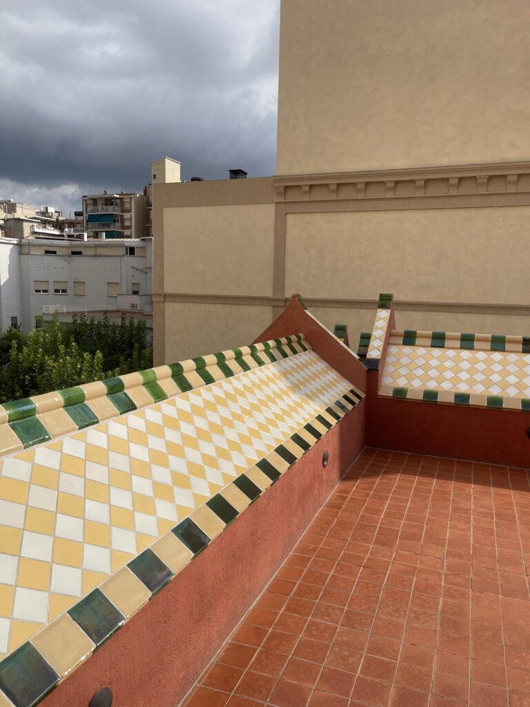 Colourful ceramic tilework on the Casa Vicens rooftop