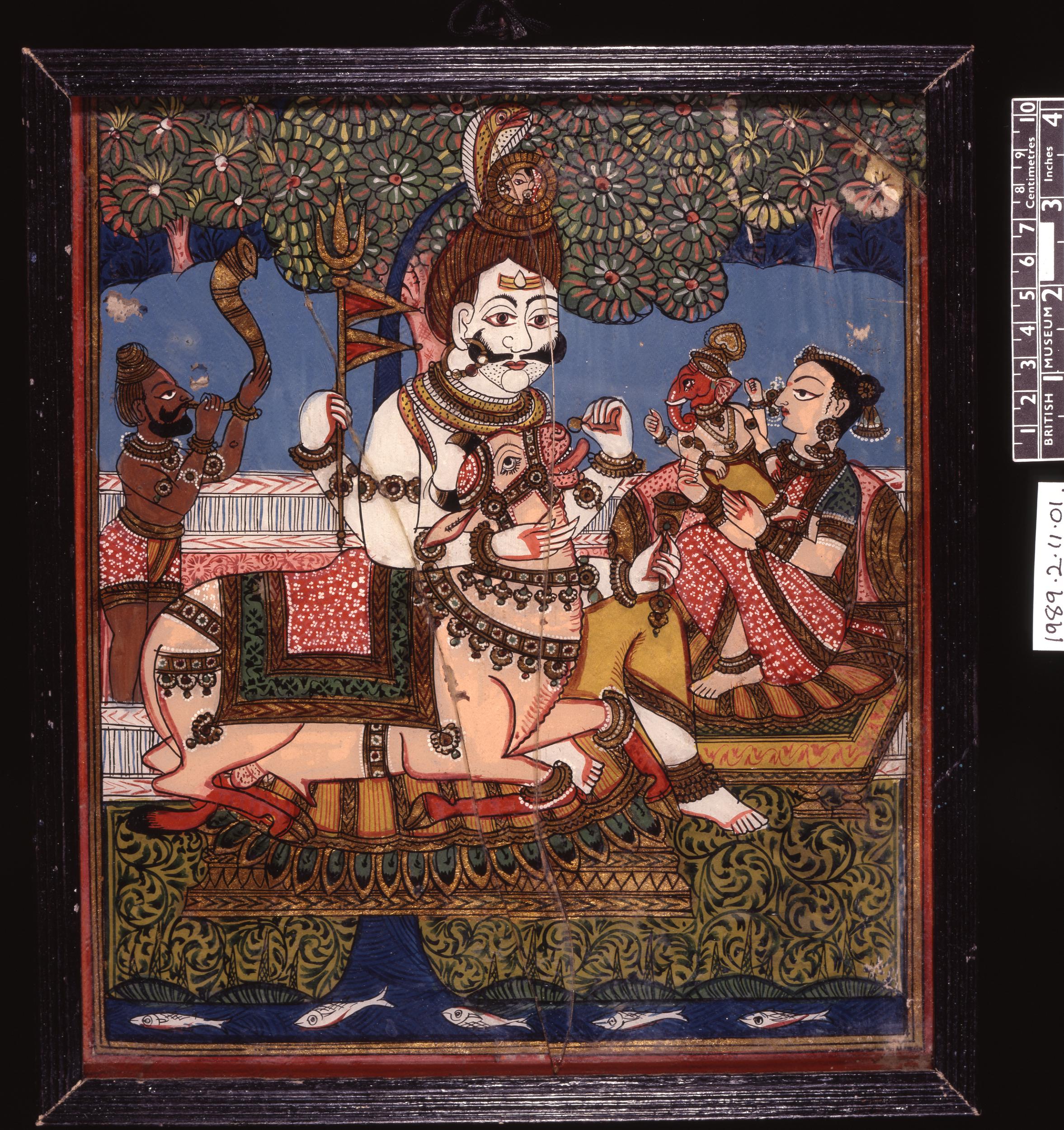 18th-century Indian reverse glass painting depicting Hindu deities Siva, Nandi, and Parvati with Ganesa, courtesy of the British Museum.