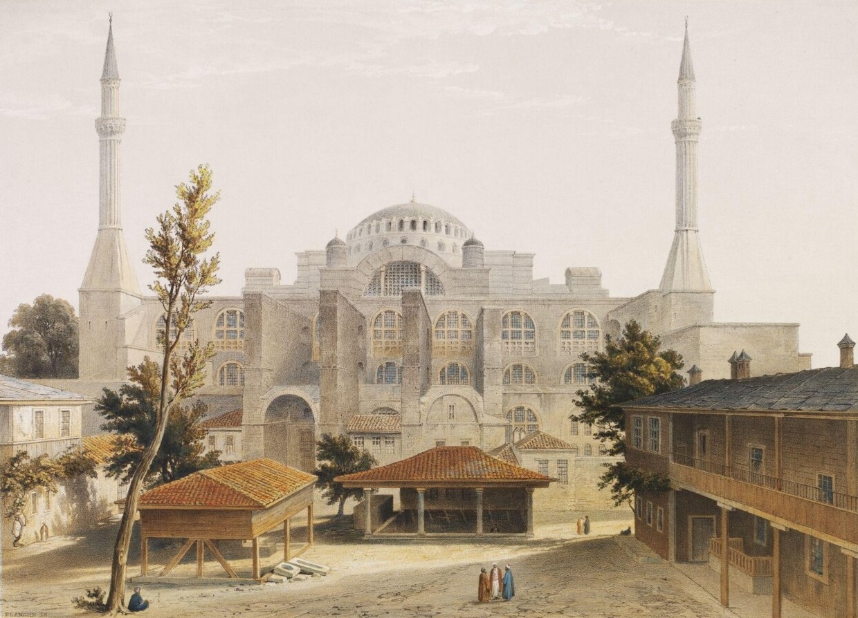 Hand-coloured lithograph of Hagia Sophia in Constantinople, showing its central dome, minarets, and surrounding courtyard buildings, 1852.