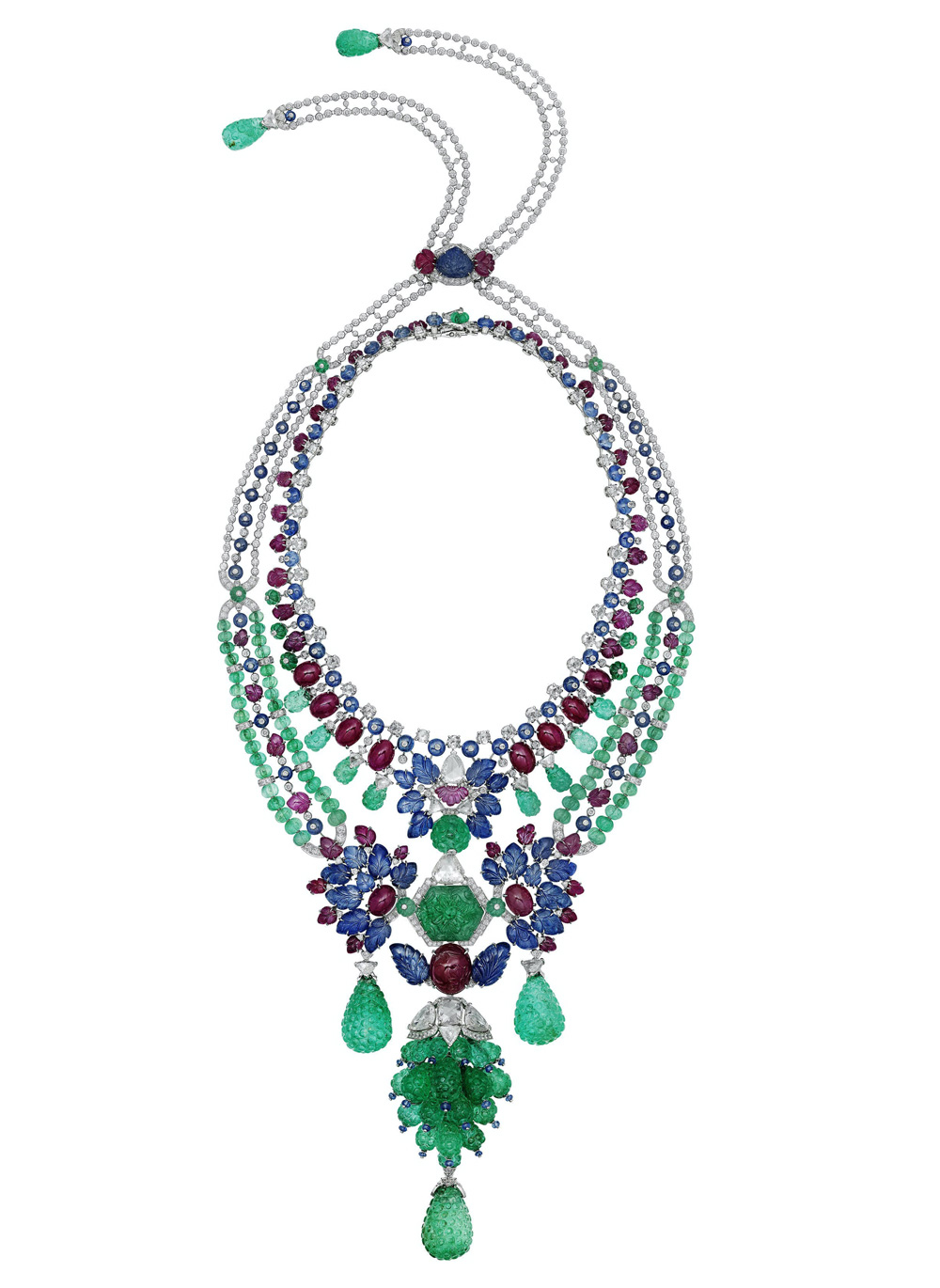 The 2020 Cartier Maharajah transformable high jewelry necklace featuring massive Colombian emeralds and hand-carved Tutti Frutti style rubies.
