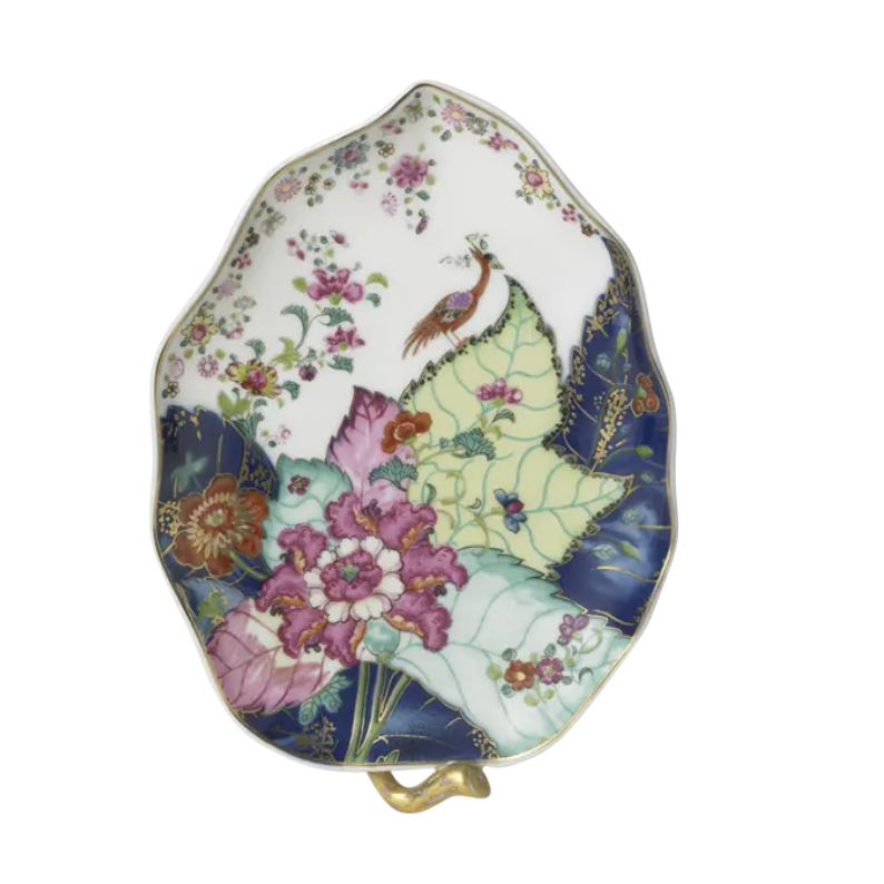Mottahedeh Tobacco Leaf pattern porcelain candy dish displaying vibrant 18th-century Chinese export design motifs.