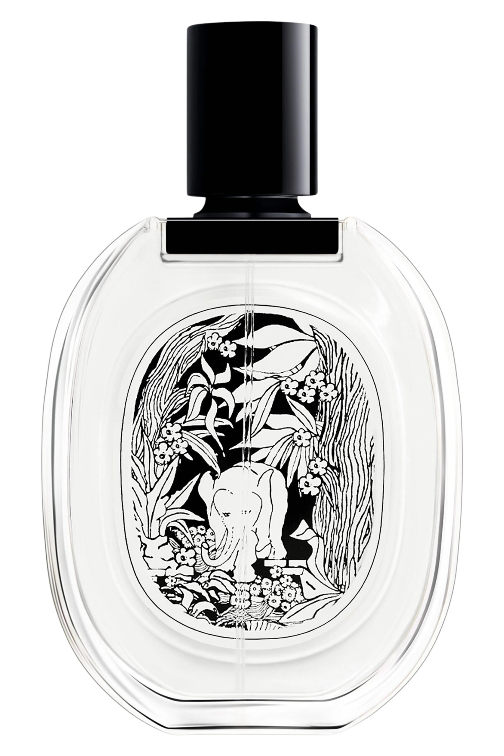 The oval glass bottle of Diptyque Tam Dao Eau de Parfum displaying an illustrated sketch of a traditional Vietnamese elephant trek.